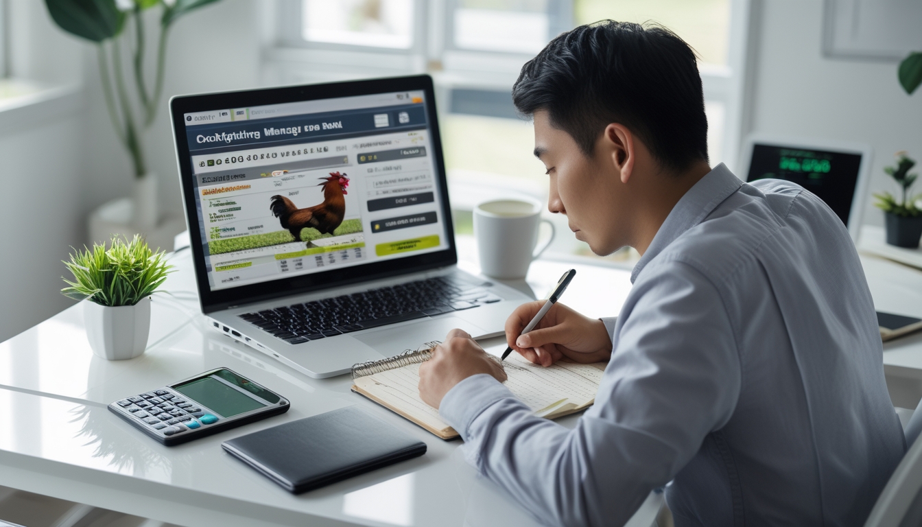 Seorang pria muda sedang duduk di meja dengan laptop, mencatat dan mengelola keuangan sambil bermain taruhan sabung ayam online.