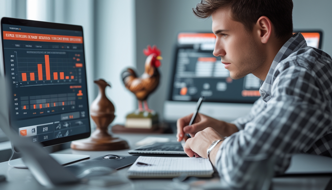 Seseorang duduk di meja dengan laptop dan ponsel, menganalisis data keuangan untuk mengelola modal dalam taruhan sabung ayam online.