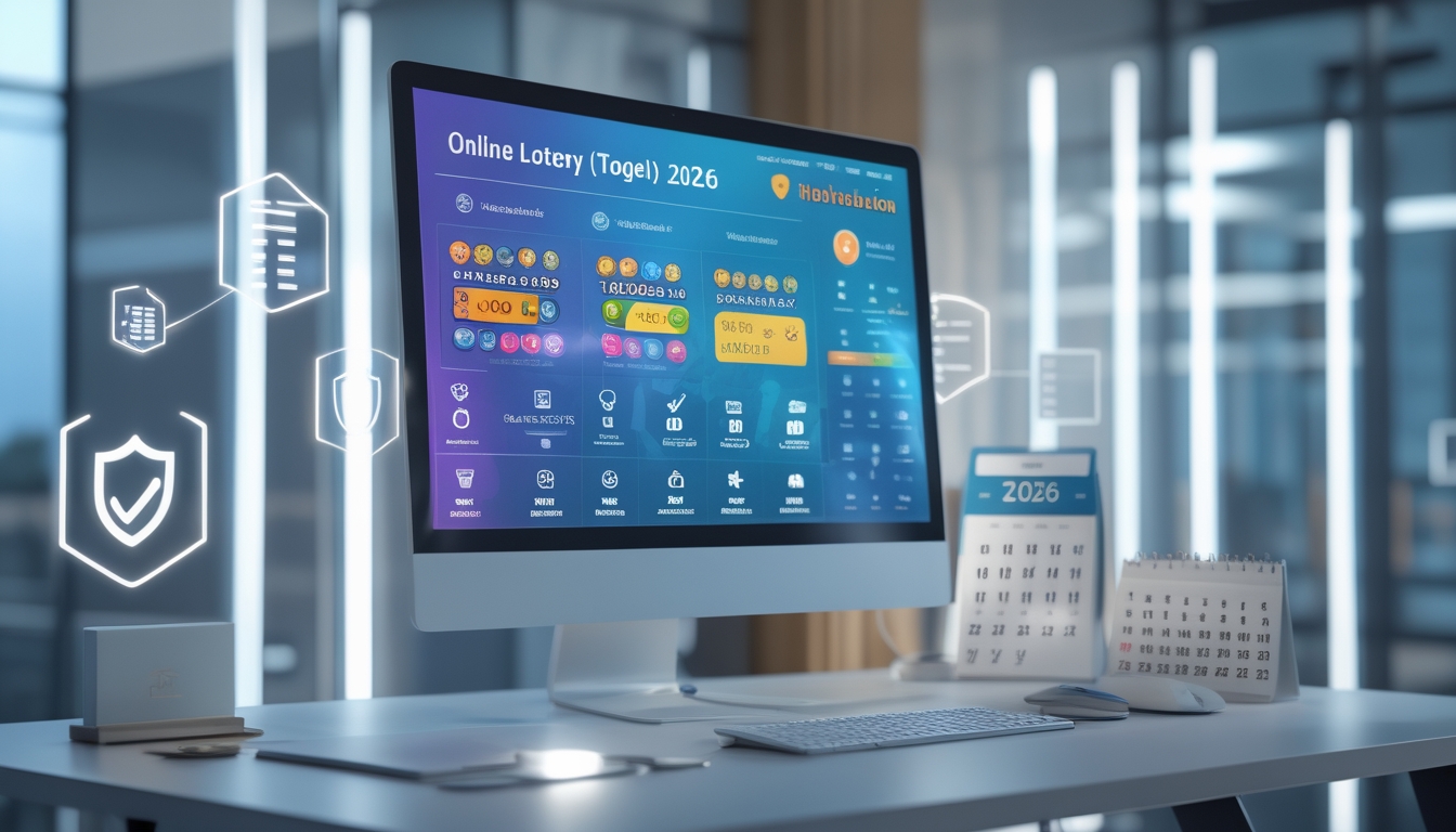 Sebuah ruang kerja modern dengan komputer yang menampilkan antarmuka digital untuk permainan togel online tahun 2026, menunjukkan berbagai pasar dan simbol keamanan.