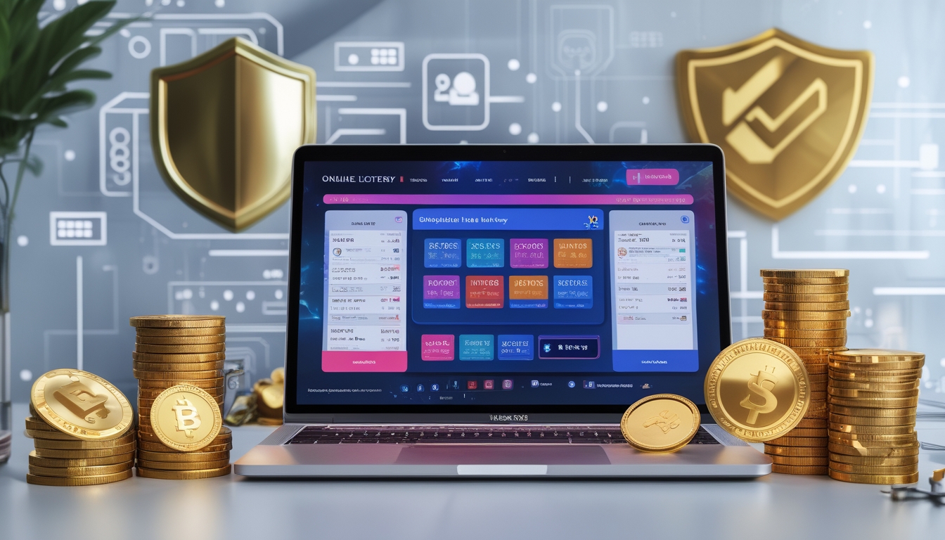 Sebuah meja kerja modern dengan laptop yang menampilkan antarmuka situs togel online terpercaya dan berbagai pilihan pasar togel.