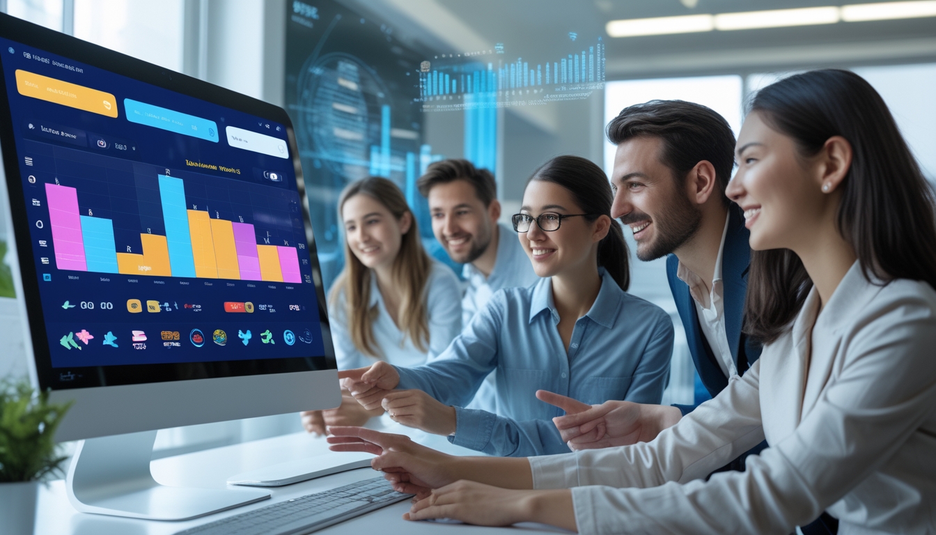 Sekelompok orang muda sedang berdiskusi di depan layar komputer besar yang menampilkan platform togel online dengan grafik dan ikon diskon serta bonus.