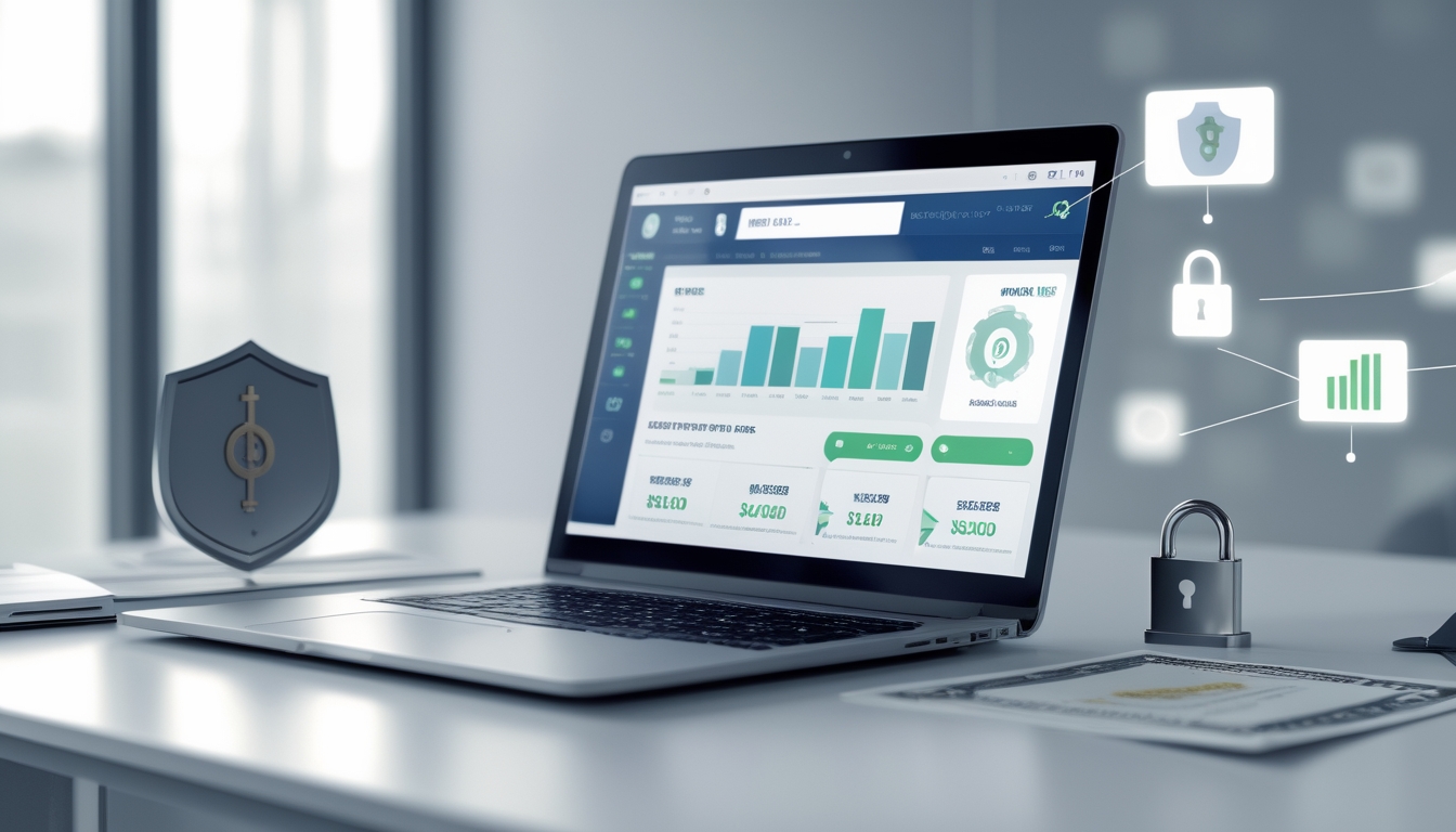 Seseorang menggunakan laptop di meja kerja dengan simbol keamanan dan elemen terkait situs togel online terpercaya.