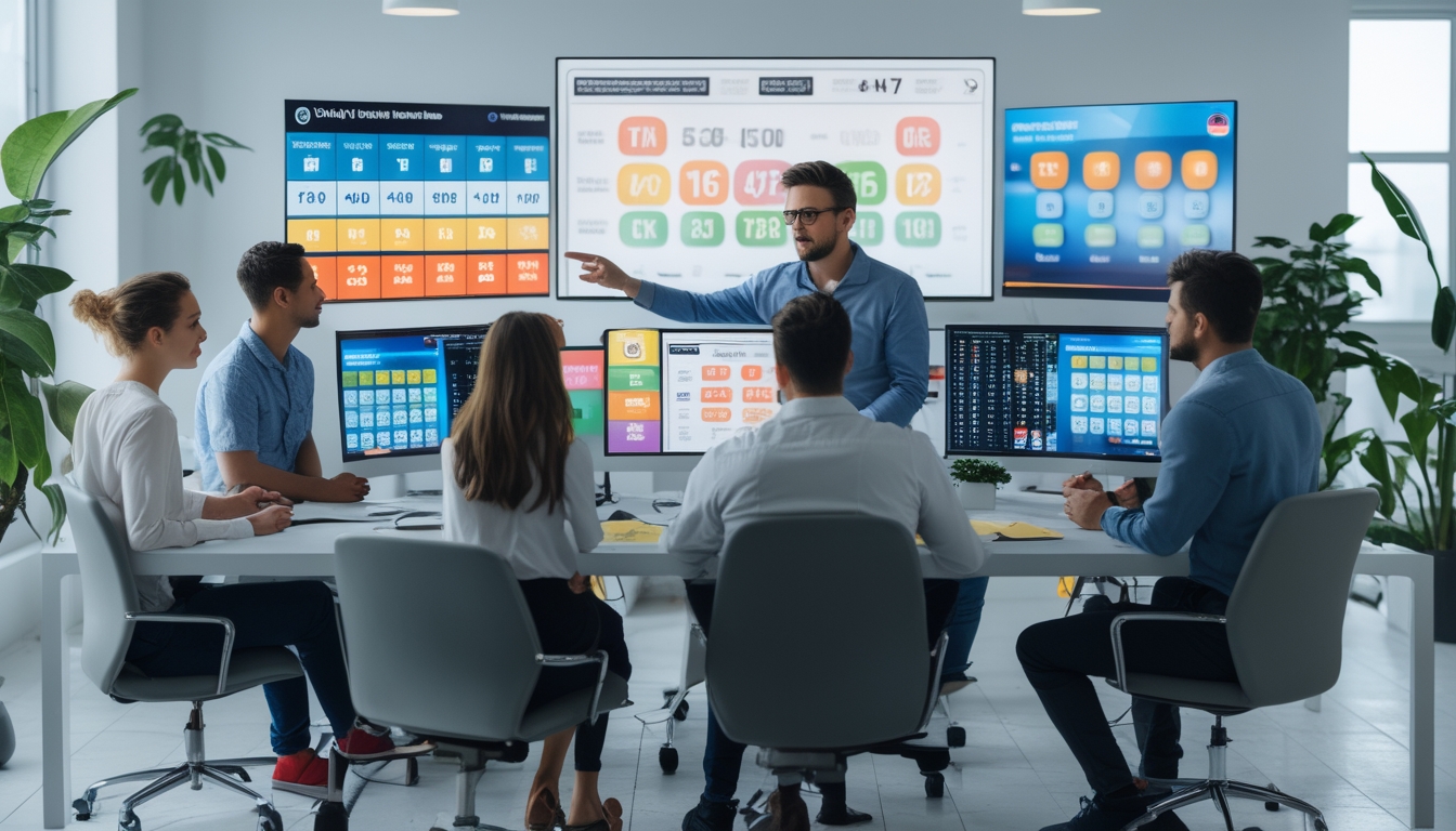 Beberapa orang bekerja bersama di ruang kantor modern dengan komputer yang menampilkan angka dan grafik togel online.