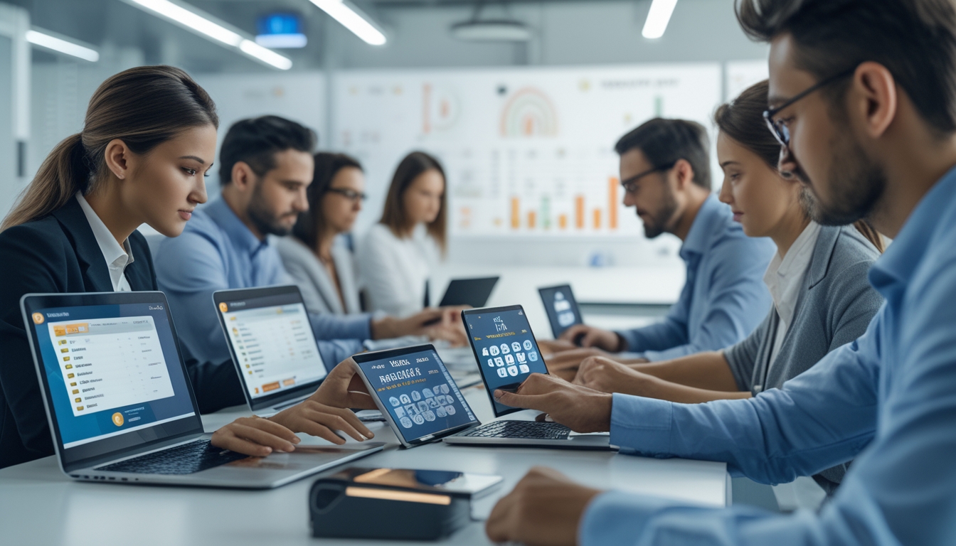 Beberapa orang sedang bekerja dengan laptop dan perangkat digital di ruang kantor yang terang, fokus pada aktivitas terkait togel online.