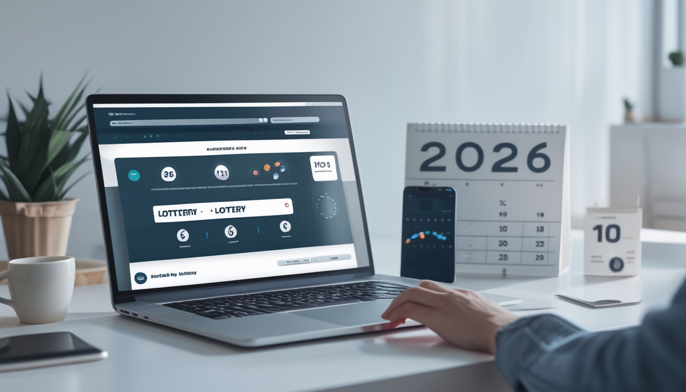 Seseorang menggunakan laptop di meja kerja yang rapi dengan layar menampilkan antarmuka lotre online dan kalender tahun 2026.