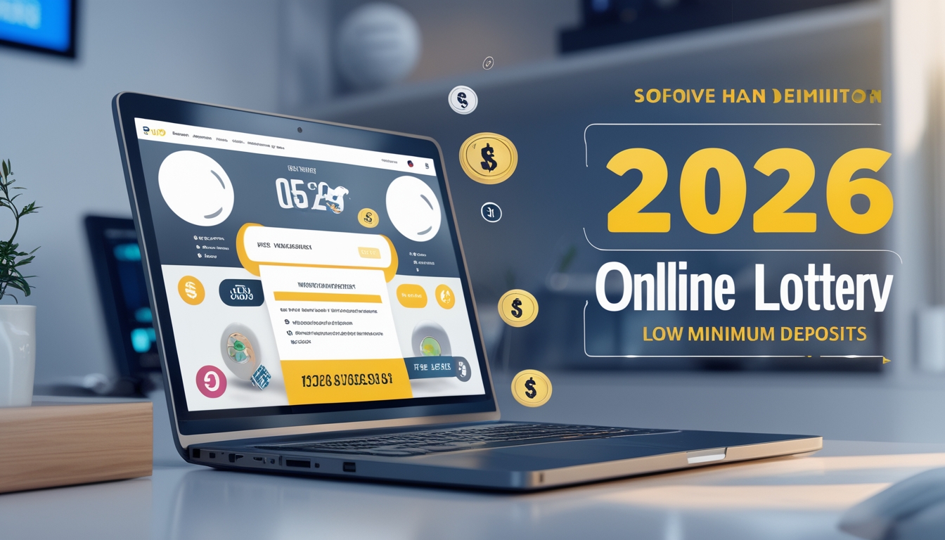 Seorang pria menggunakan laptop di meja kerja dengan tampilan antarmuka situs togel online di layar, di latar belakang terdapat bola togel dan simbol mata uang.