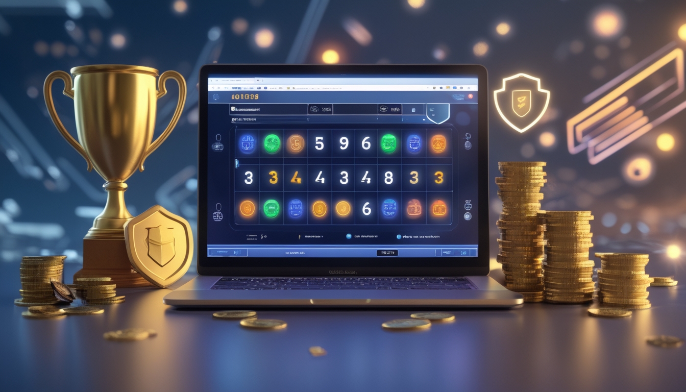 Sebuah laptop modern menampilkan antarmuka lotre online dengan tumpukan koin dan trofi di sekitarnya, menggambarkan platform togel online yang terpercaya dan sukses.