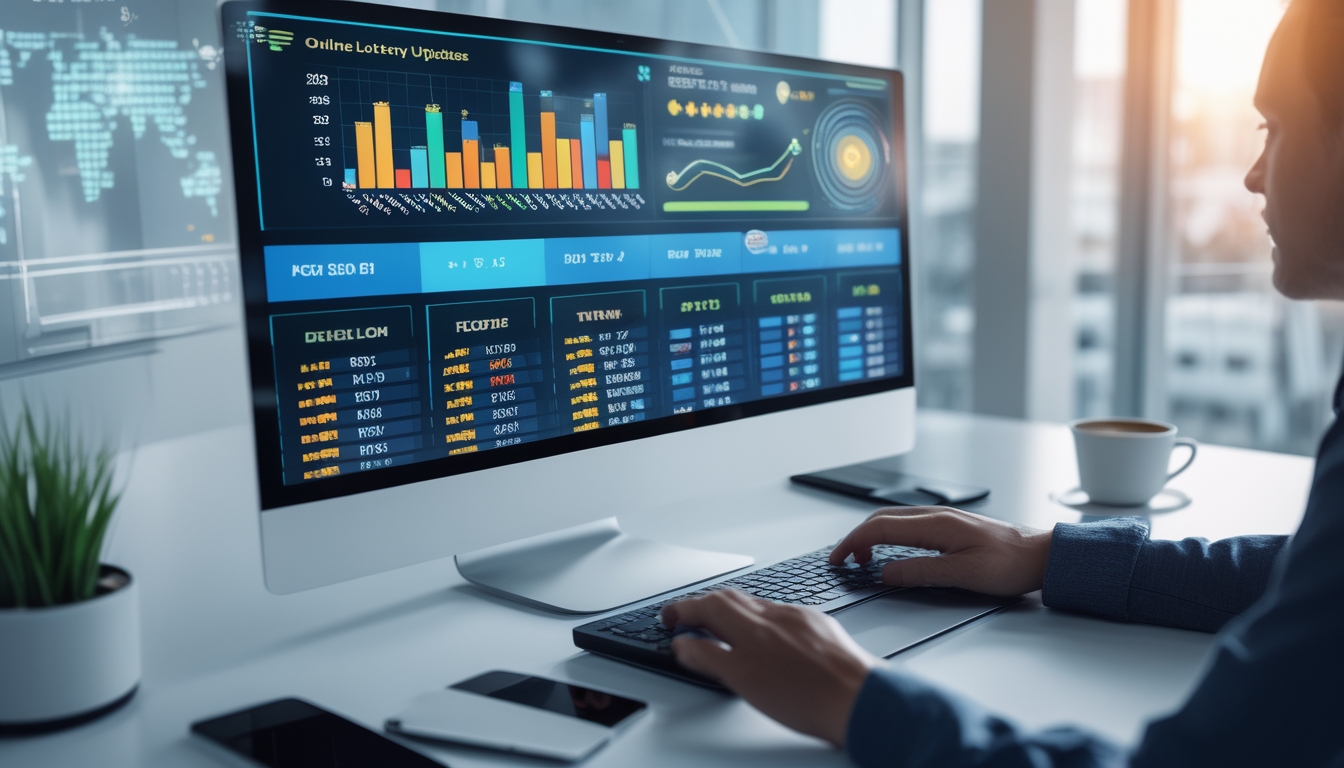 Meja kerja modern dengan komputer menampilkan grafik dan statistik terkait situs togel online, tangan seseorang sedang mengetik di keyboard.
