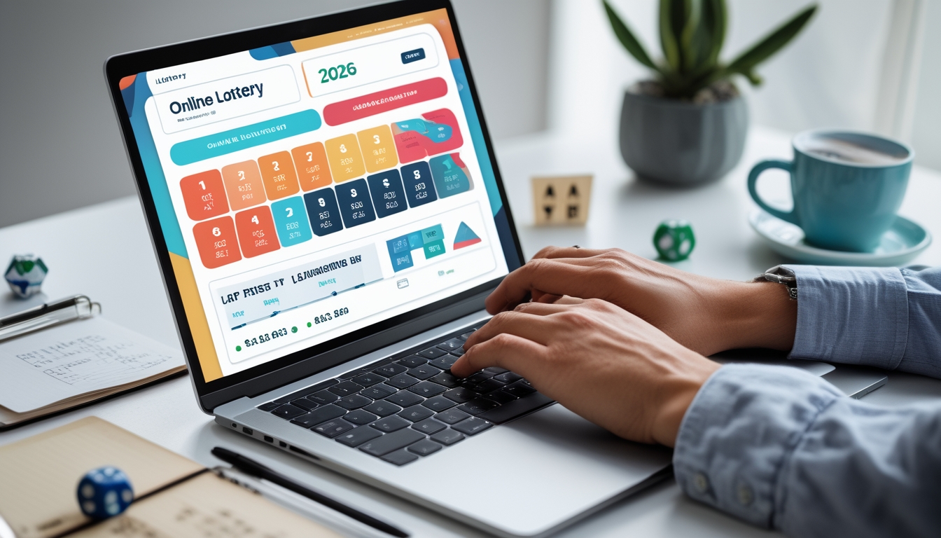 Seseorang sedang menggunakan laptop di meja kerja dengan layar menampilkan antarmuka permainan togel online, dikelilingi oleh alat tulis dan cangkir kopi.