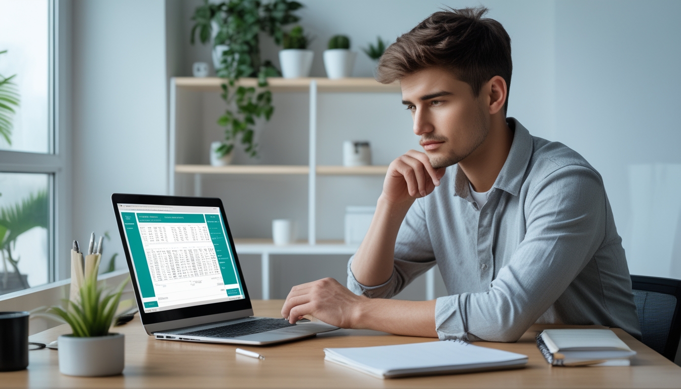 Seseorang duduk di meja dengan laptop, fokus melihat layar dalam ruangan kantor rumah yang terang dan rapi.