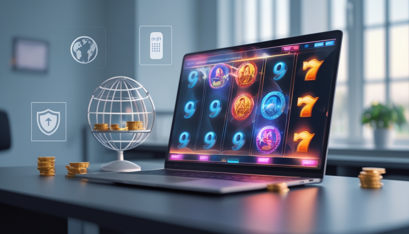 Layar komputer menampilkan permainan slot online dengan ikon warna-warni dan simbol keamanan di latar belakang.