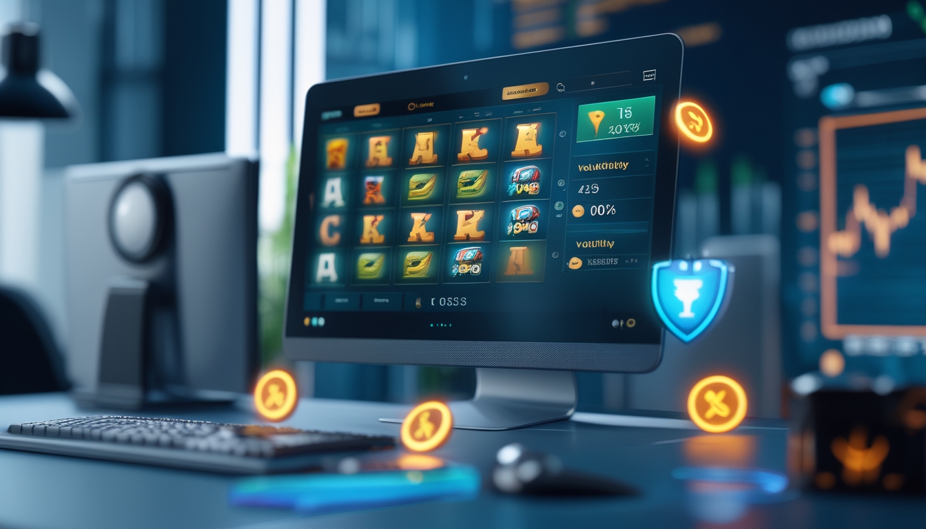 Sebuah meja kerja modern dengan laptop menampilkan permainan slot online berwarna-warni dan simbol keamanan di latar belakang.