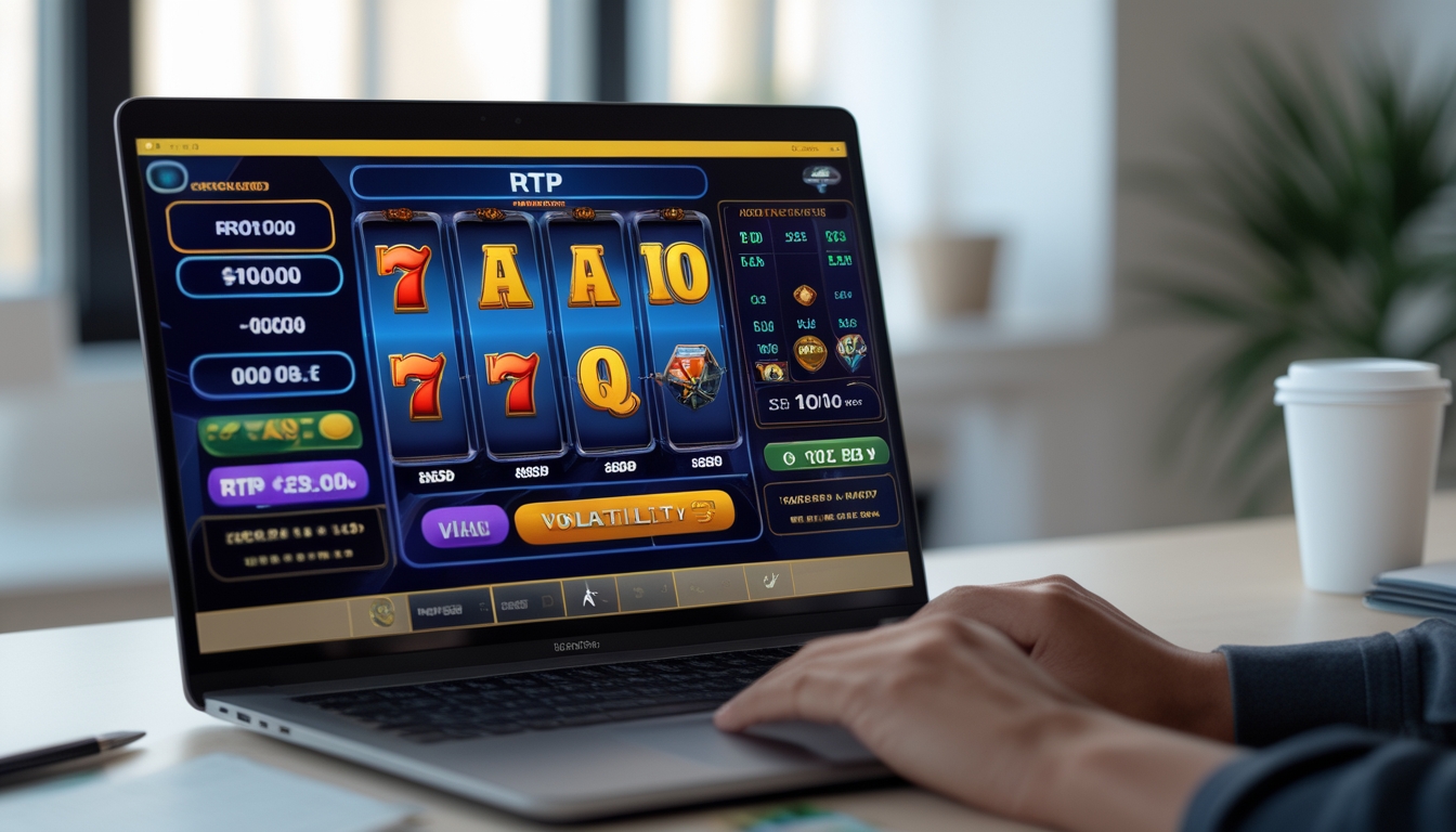 Seorang pengguna duduk di depan komputer yang menampilkan permainan slot online dengan grafik dan statistik yang menunjukkan RTP dan volatilitas.
