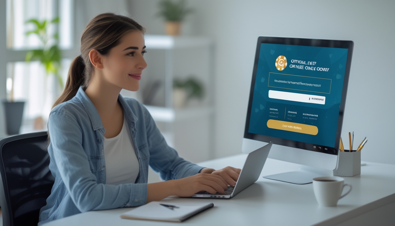 Seorang wanita muda duduk di meja dengan laptop, terlihat fokus dan santai saat mendaftar di situs judi slot online resmi.
