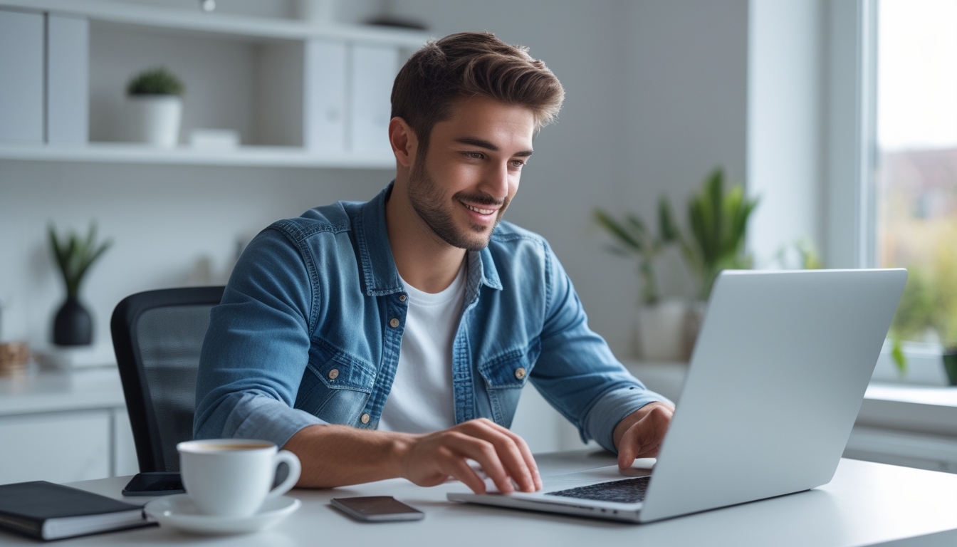 Seorang pria muda duduk di meja dengan laptop, fokus menggunakan situs web di ruang kerja yang terang dan rapi.