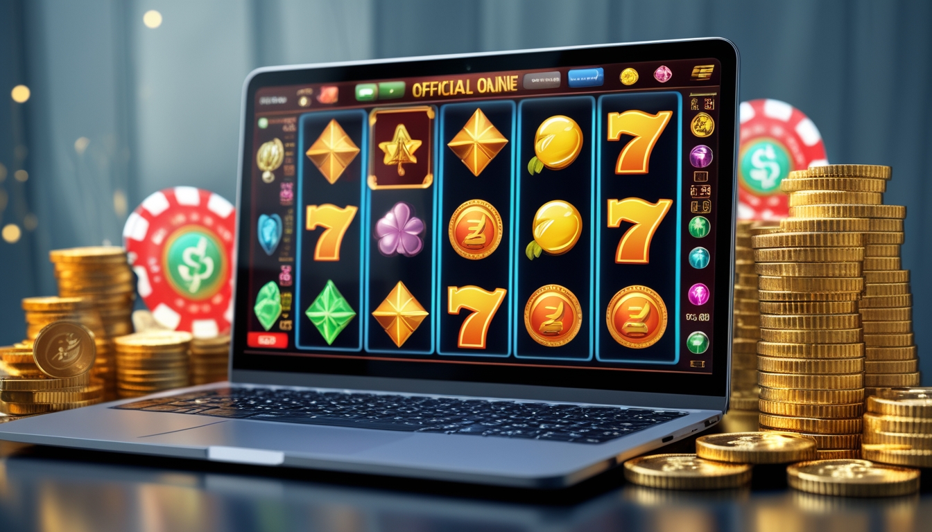 Layar komputer menampilkan permainan slot online dengan simbol warna-warni dan tumpukan koin emas di sekitarnya.