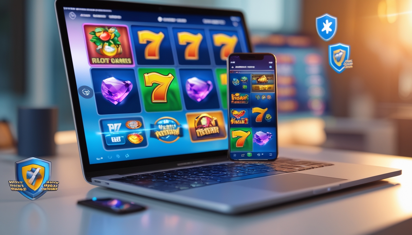 Seorang pengguna sedang bermain game slot online di laptop dan ponsel dengan latar belakang yang nyaman dan elemen keamanan terlihat di sekitar perangkat.
