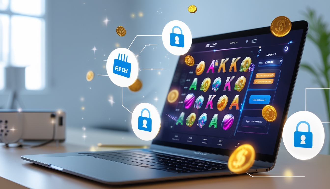 Seseorang menggunakan komputer dengan tampilan permainan slot online dan ikon dompet elektronik di sekitarnya.