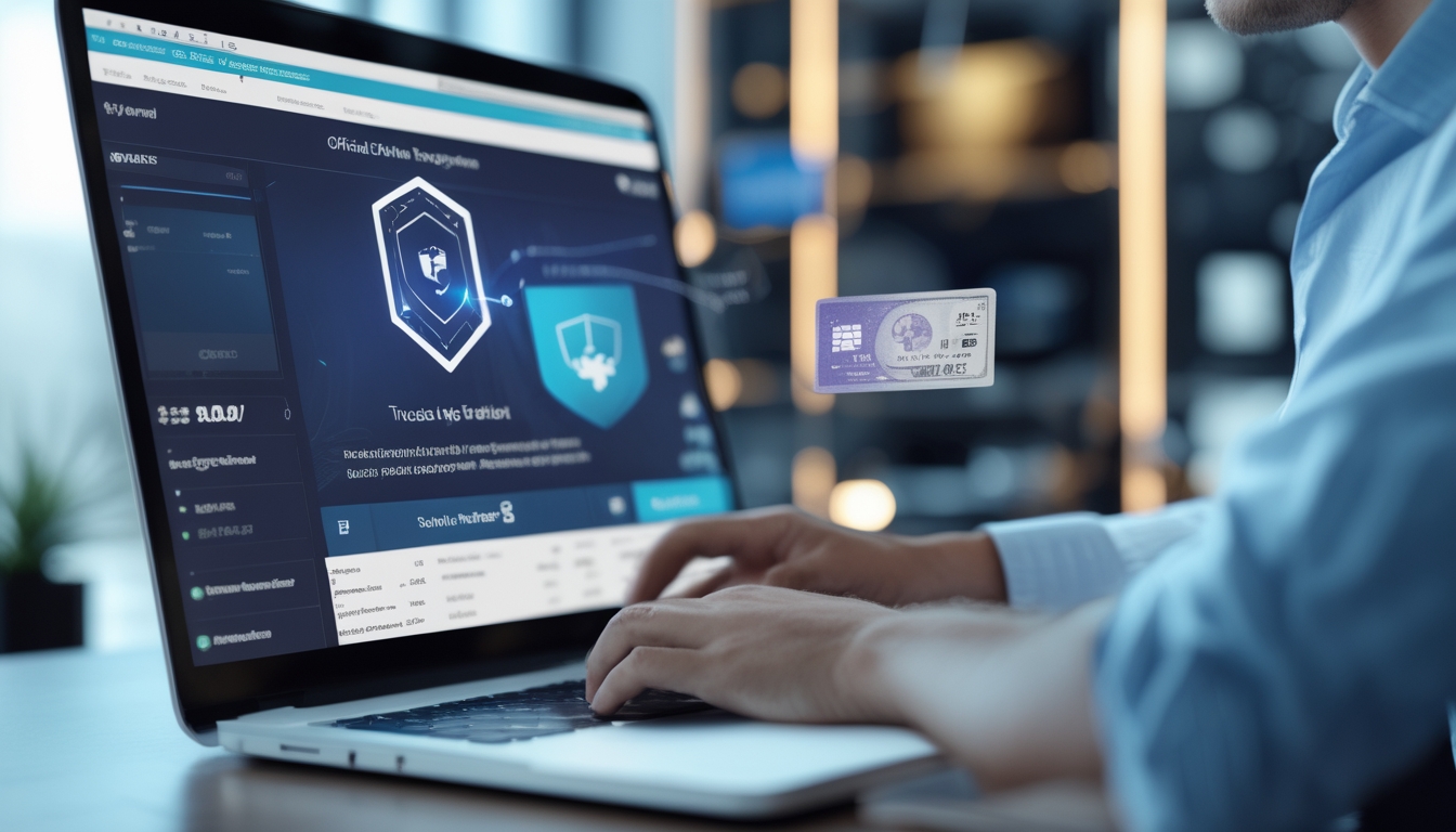 Seorang pengguna sedang menggunakan laptop dengan tampilan antarmuka pembayaran online yang aman, di meja kerja dengan dokumen keuangan dan ponsel di latar belakang.