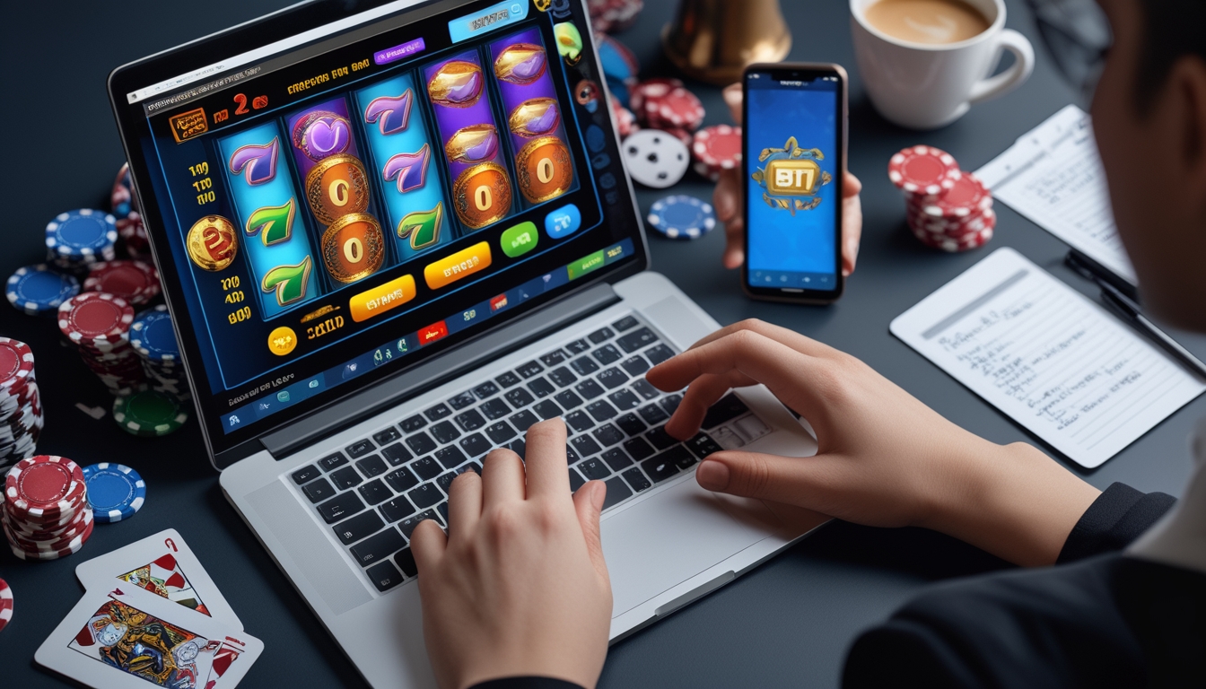 Seseorang menggunakan laptop dan ponsel untuk bermain judi slot online dengan chip kasino dan kartu di meja.