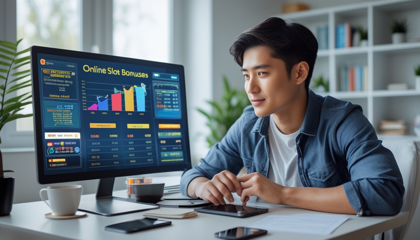Seorang pria muda duduk di meja kerja dengan laptop, memperhatikan grafik dan catatan yang terkait dengan bonus di situs judi slot online.