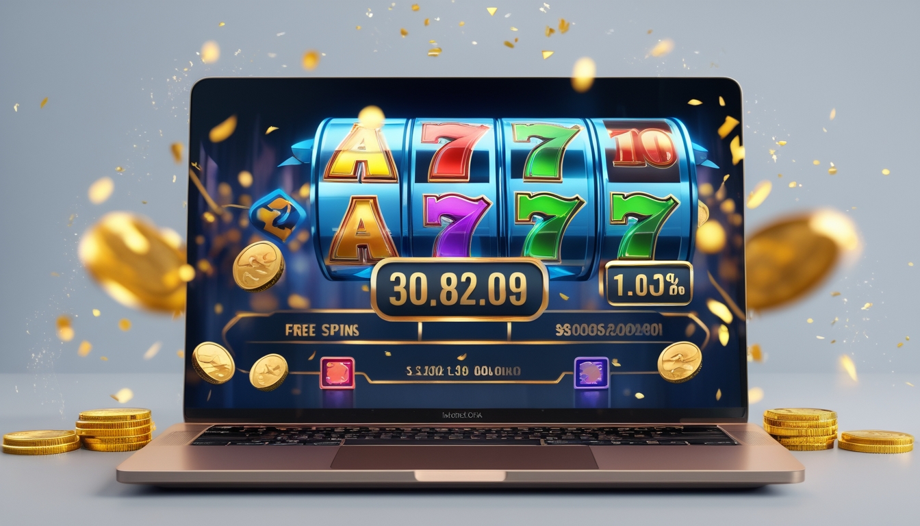 Layar laptop menampilkan permainan slot online dengan simbol warna-warni dan meter jackpot progresif yang menyala, dikelilingi koin emas dan lampu gemerlap.