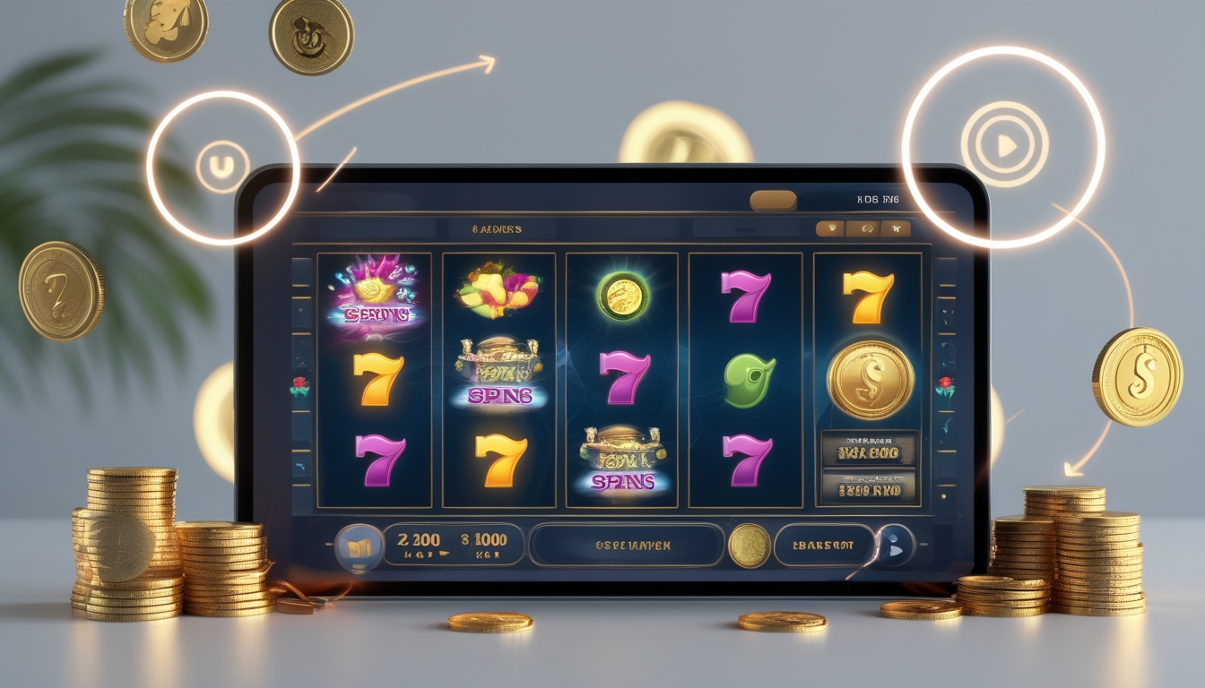 Tampilan mesin slot digital dengan gulungan berputar dan simbol warna-warni, menampilkan fitur putaran gratis dan jackpot progresif.