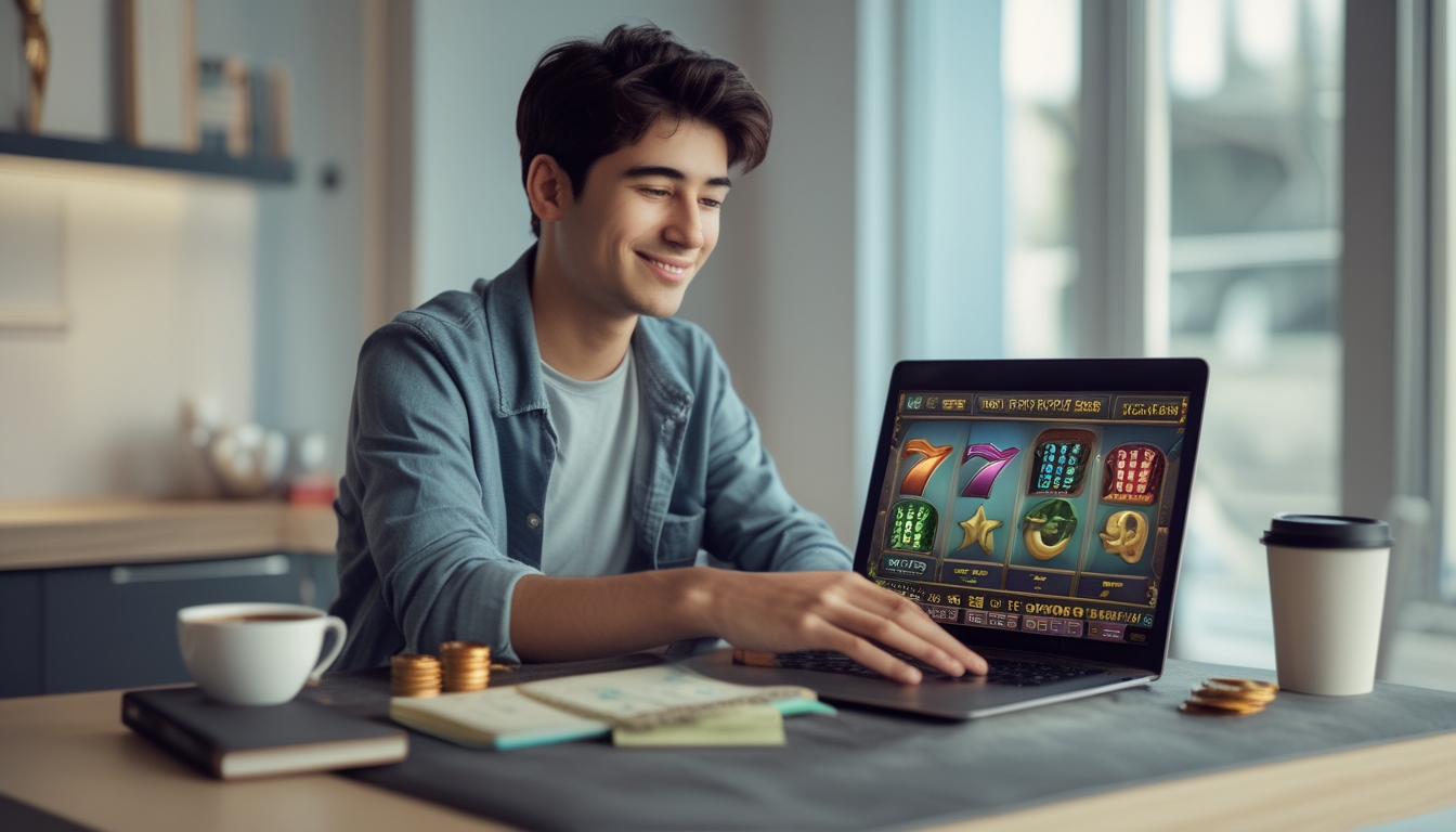 Seorang dewasa muda duduk di meja modern bermain permainan slot online di laptop dengan suasana tenang dan fokus.