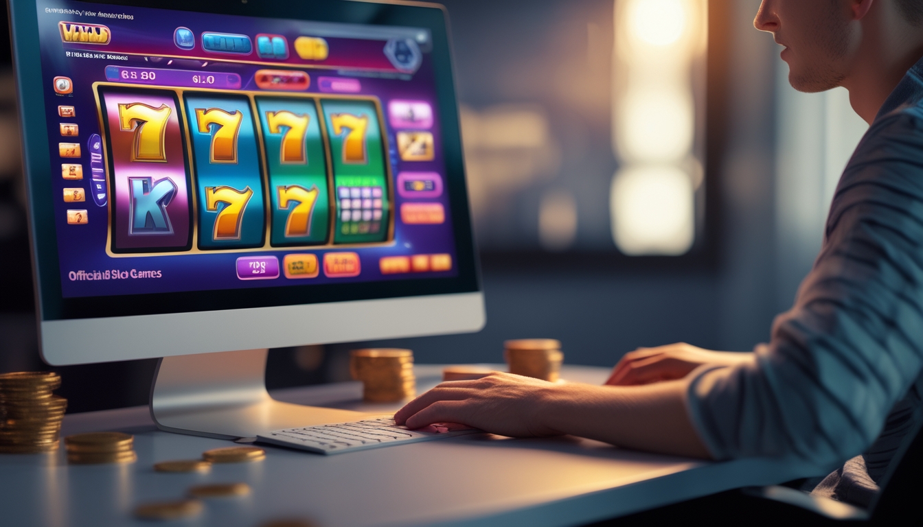 Seorang pemain muda sedang bermain permainan slot online di depan komputer dengan layar menampilkan mesin slot berwarna-warni.