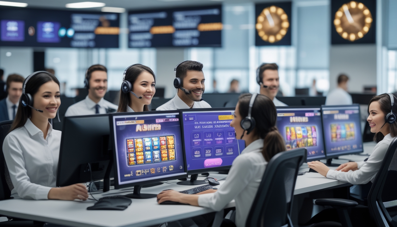 Pusat layanan pelanggan dengan staf yang sedang melayani pengguna permainan slot online secara profesional.