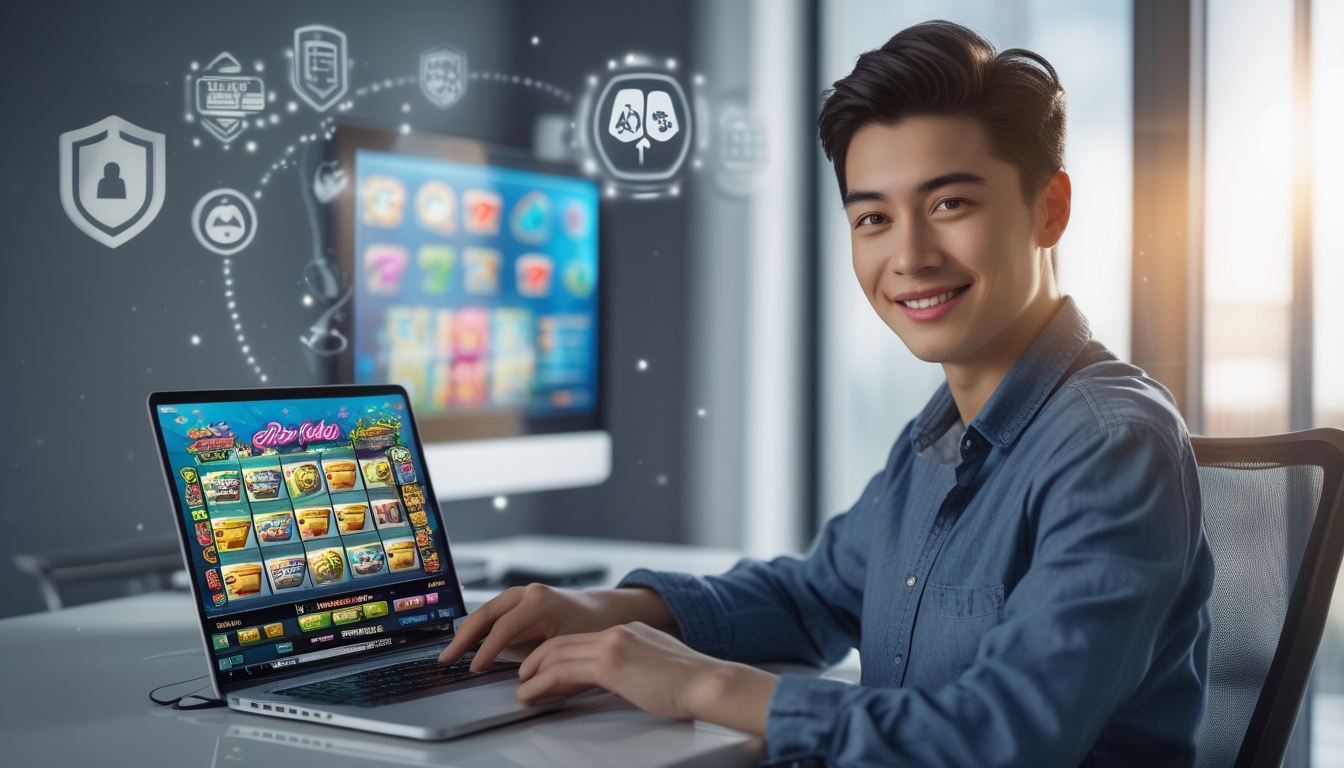 Seorang dewasa muda duduk di meja dengan laptop yang menampilkan permainan slot online, terlihat percaya diri dan santai.