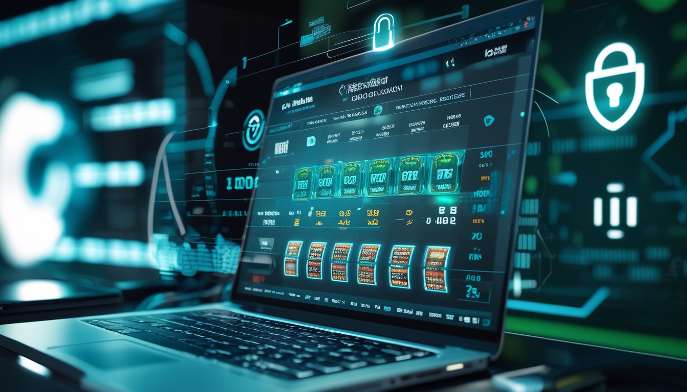 Seorang pengguna sedang bermain game slot online di komputer dengan ikon keamanan digital dan latar belakang futuristik yang menunjukkan perlindungan data.