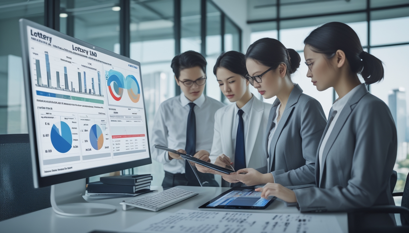 Sekelompok profesional sedang menganalisis data di kantor modern dengan pemandangan kota Hong Kong di latar belakang.