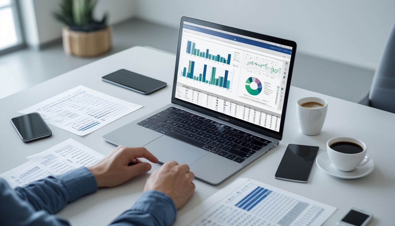 Sebuah ruang kerja modern dengan laptop yang menampilkan grafik dan tabel data, dilengkapi dengan alat tulis dan minuman di meja.