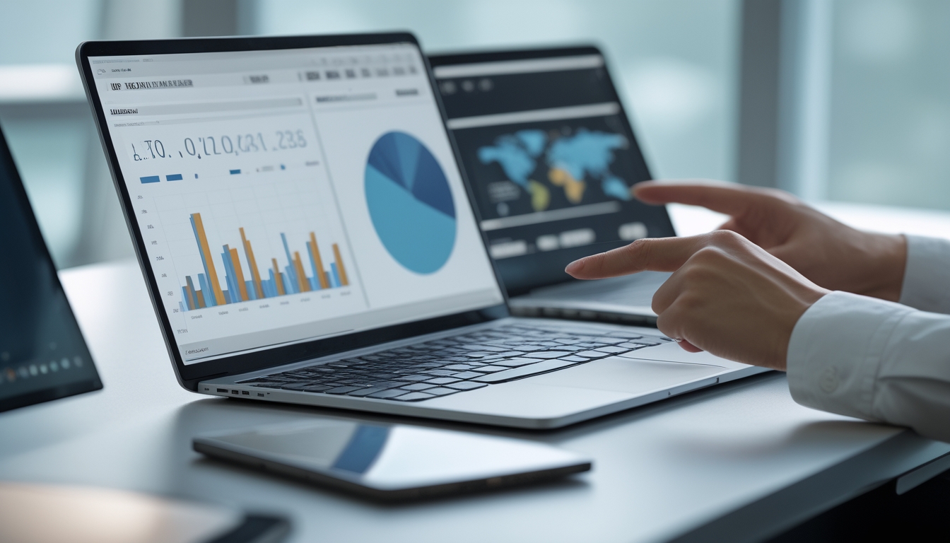 Meja kerja modern dengan perangkat digital yang menampilkan grafik dan angka, seseorang sedang menunjuk layar untuk melihat data resmi setiap hari.