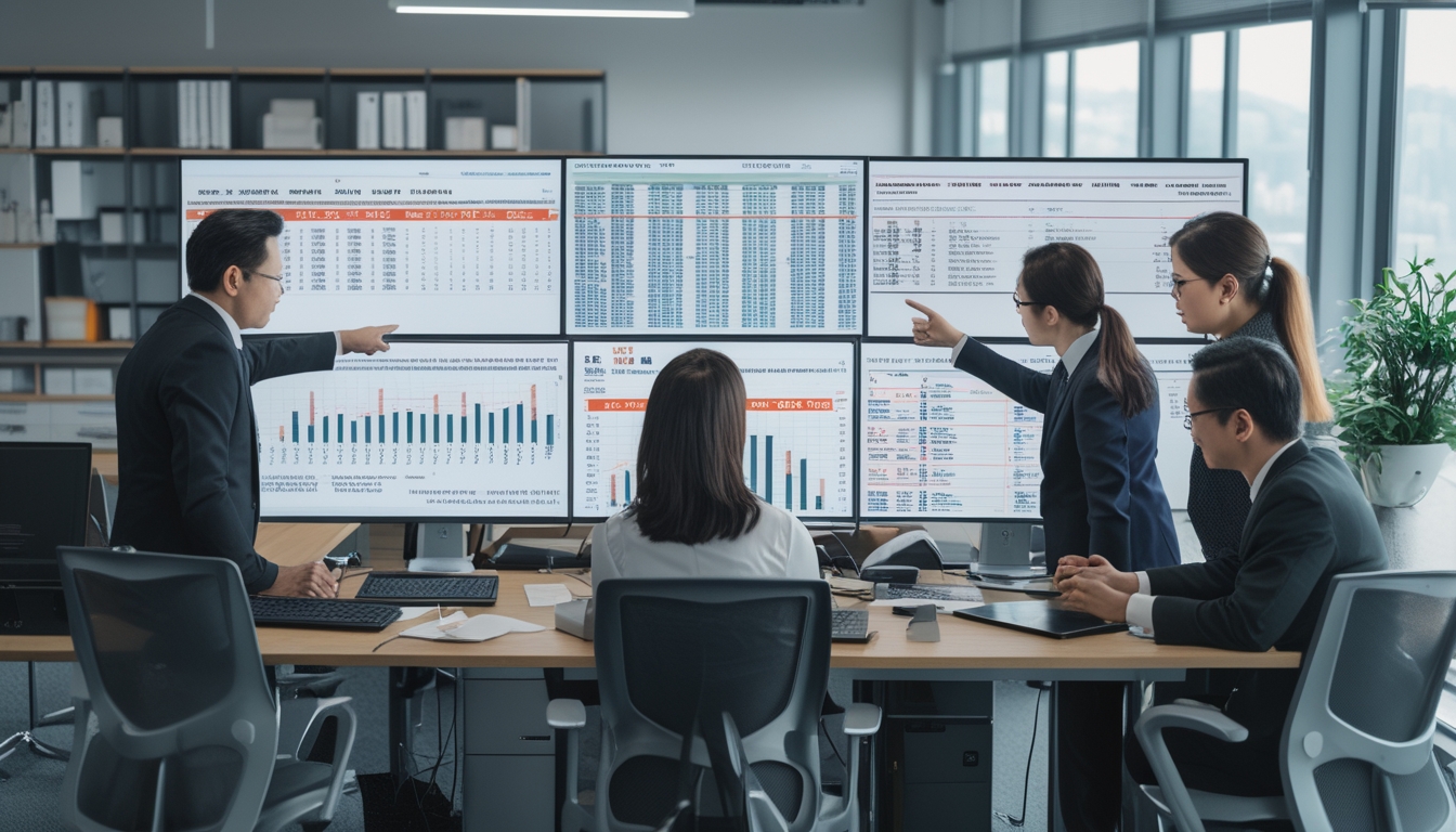 Beberapa profesional sedang memeriksa data angka pada layar komputer di kantor modern.