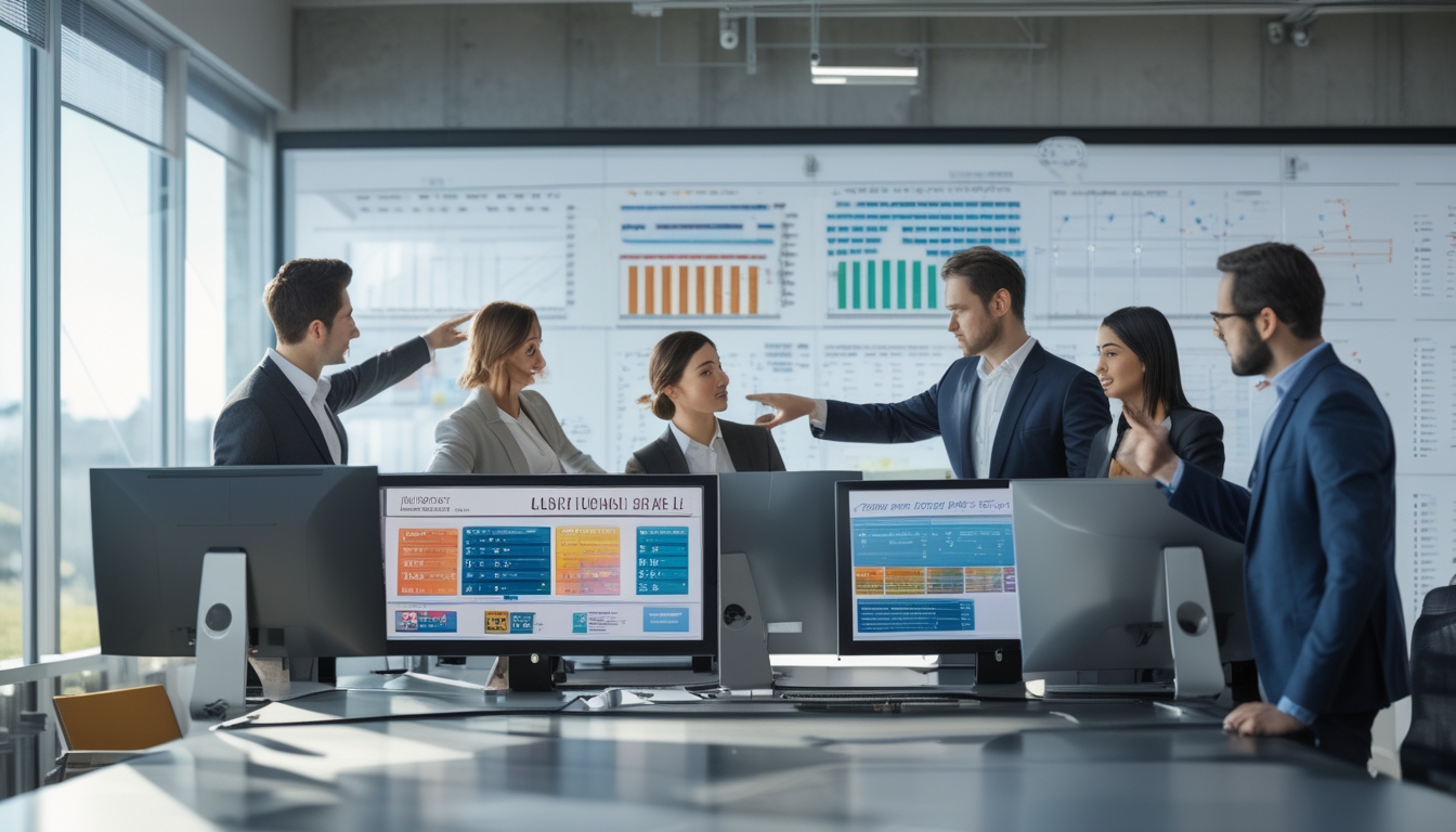 Sejumlah profesional sedang menganalisis data dan statistik di kantor modern dengan beberapa layar komputer yang menampilkan grafik dan angka.