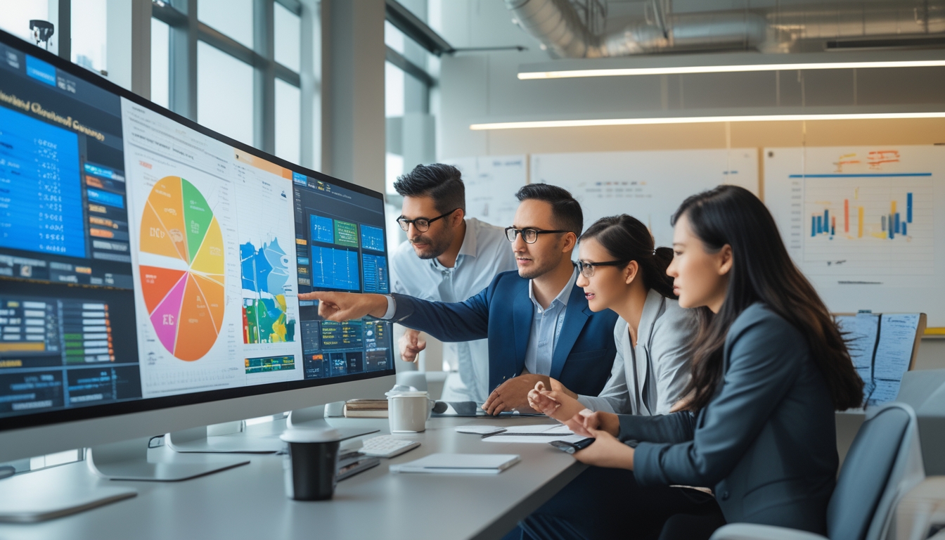 Beberapa profesional sedang menganalisis data keuangan di kantor modern dengan layar komputer yang menampilkan grafik dan statistik.
