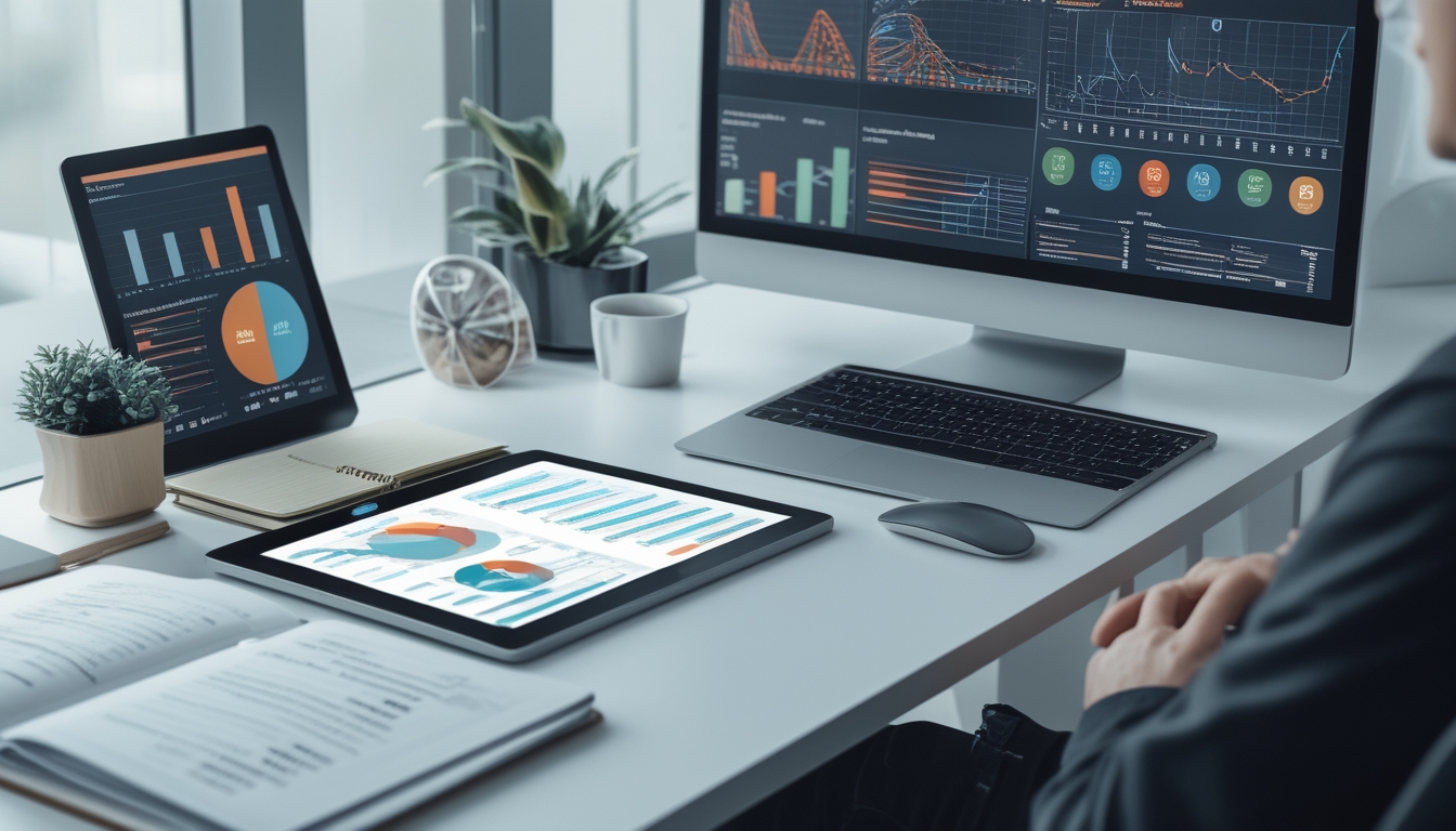Meja kerja modern dengan komputer yang menampilkan grafik data dan tangan seseorang menggunakan mouse, dikelilingi oleh buku catatan dan tablet di ruang yang terang dan rapi.
