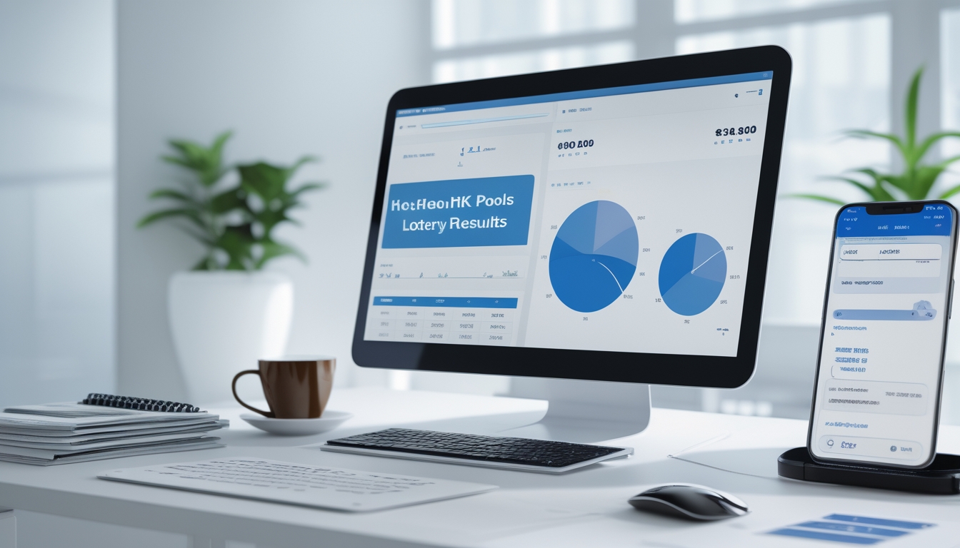 Meja kerja modern dengan komputer menampilkan grafik data lotere, dokumen tertata rapi, dan ponsel dengan aplikasi data.