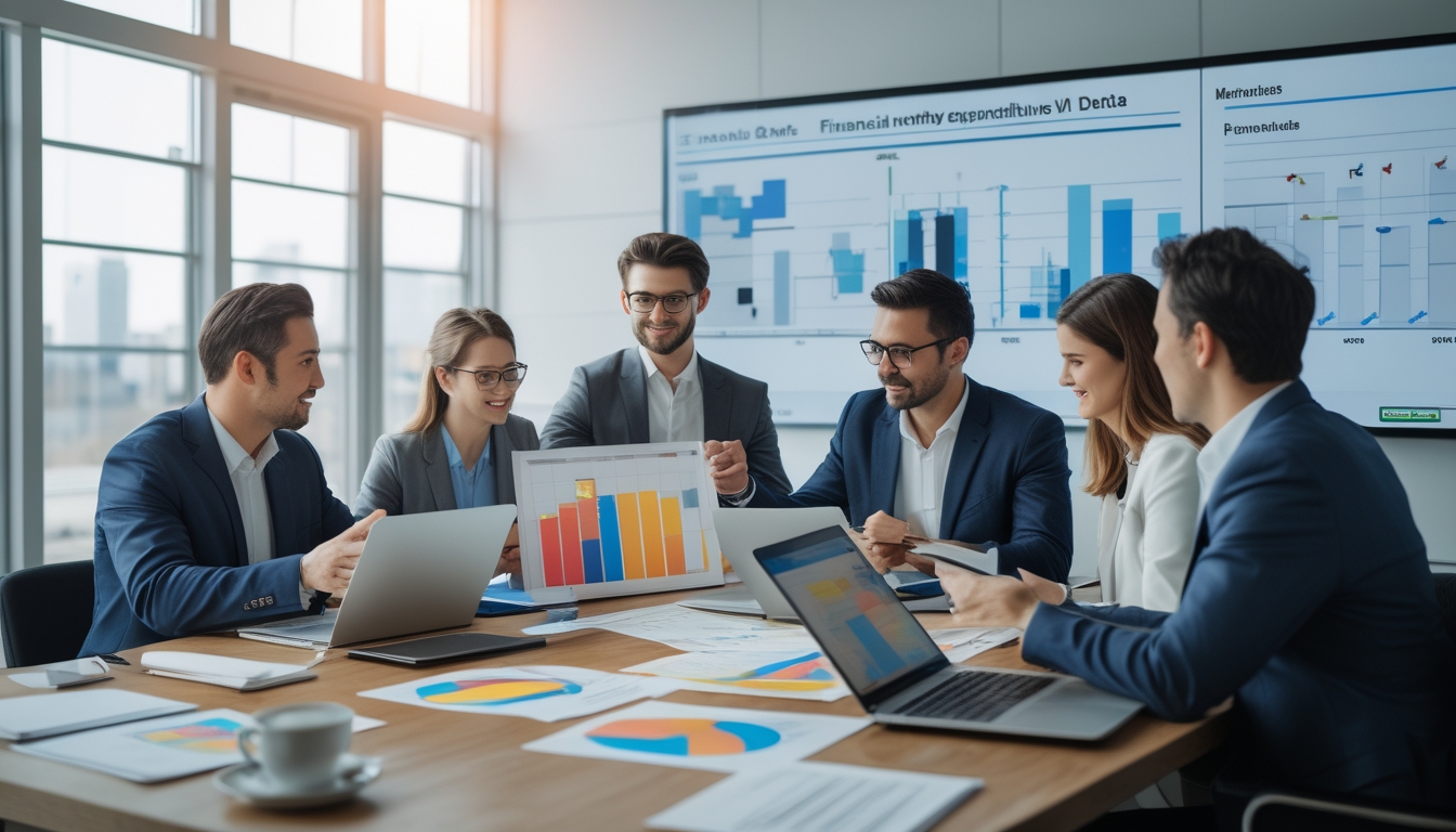 Sekelompok profesional bisnis sedang berdiskusi di sekitar meja kerja dengan grafik dan perangkat digital yang menampilkan data keuangan bulanan.