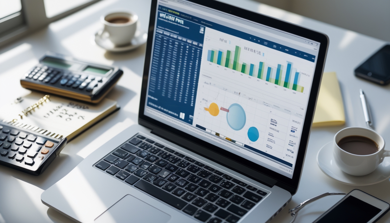 Meja kerja modern dengan laptop yang menampilkan data angka dan grafik, kalkulator, buku catatan, dan pena, menunjukkan suasana analisis data.