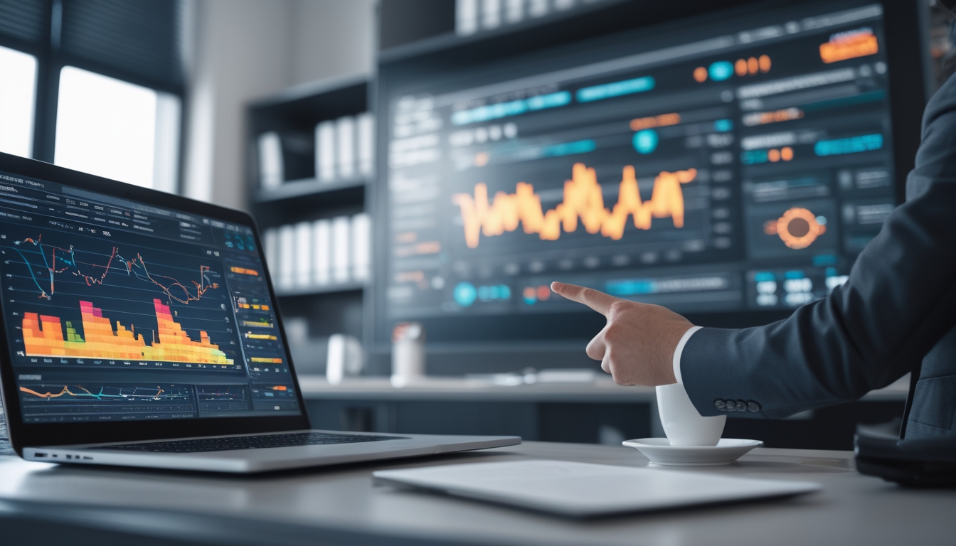 Seorang profesional di kantor modern sedang melihat layar komputer dan layar besar yang menampilkan grafik dan data statistik.