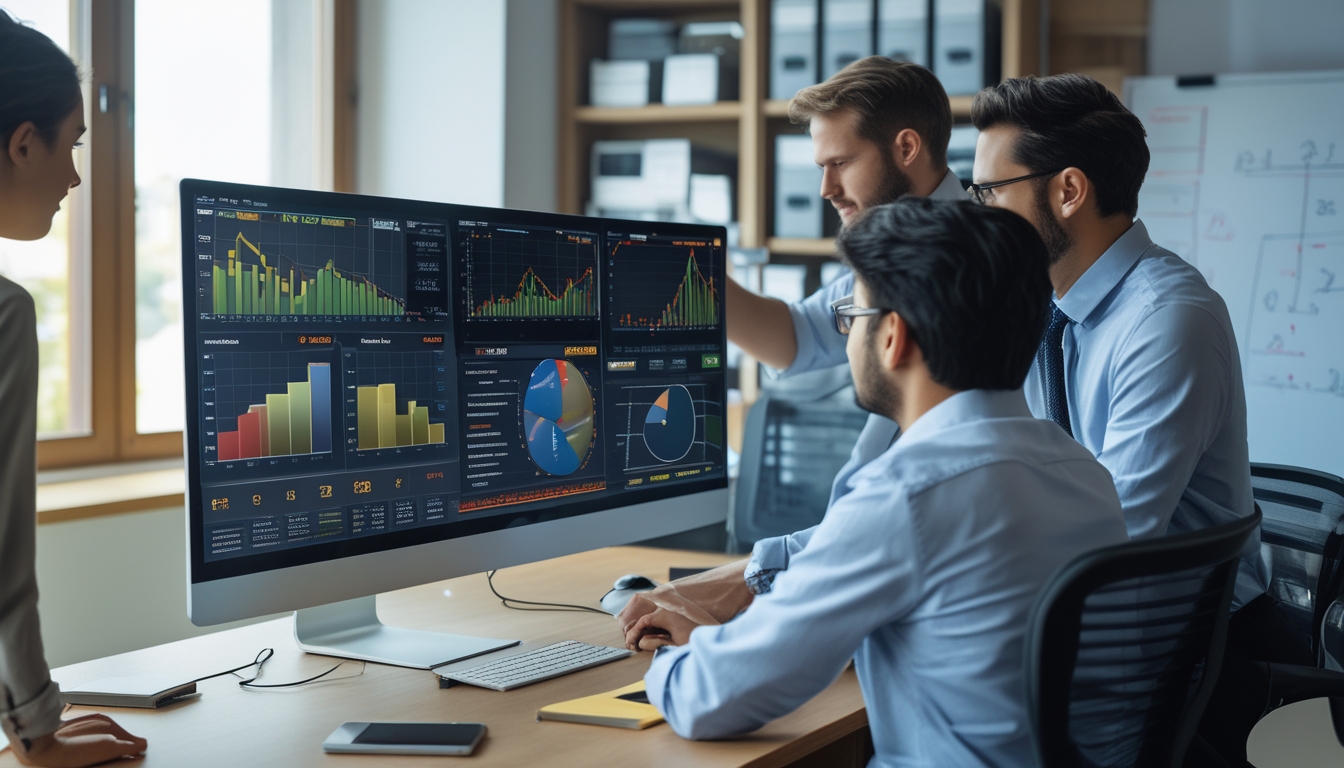 Orang-orang bekerja di ruang kantor dengan komputer yang menampilkan grafik dan data hasil live HK terbaru.