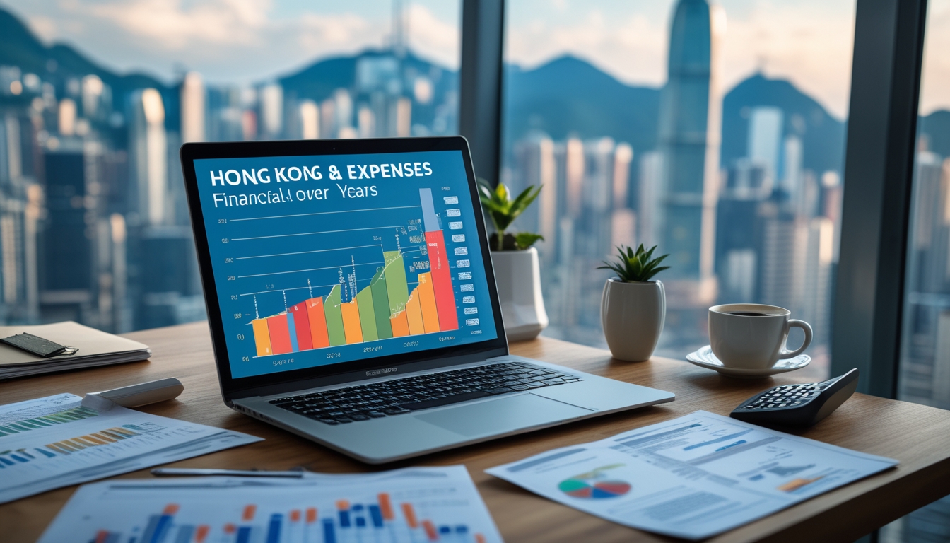Meja kerja dengan laptop yang menampilkan grafik keuangan, dokumen, kalkulator, dan pemandangan kota Hong Kong di latar belakang.
