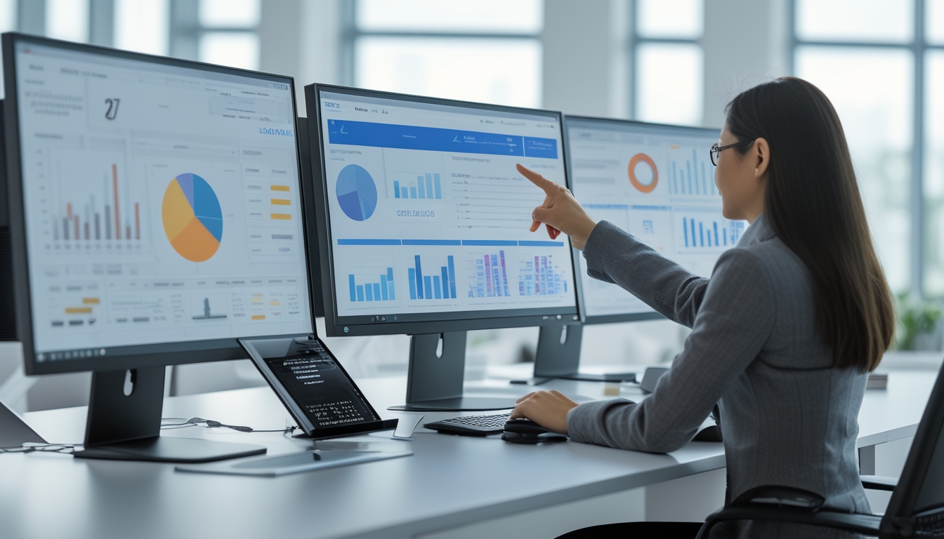 Seorang profesional sedang bekerja di meja kantor dengan beberapa monitor menampilkan grafik dan data statistik harian.