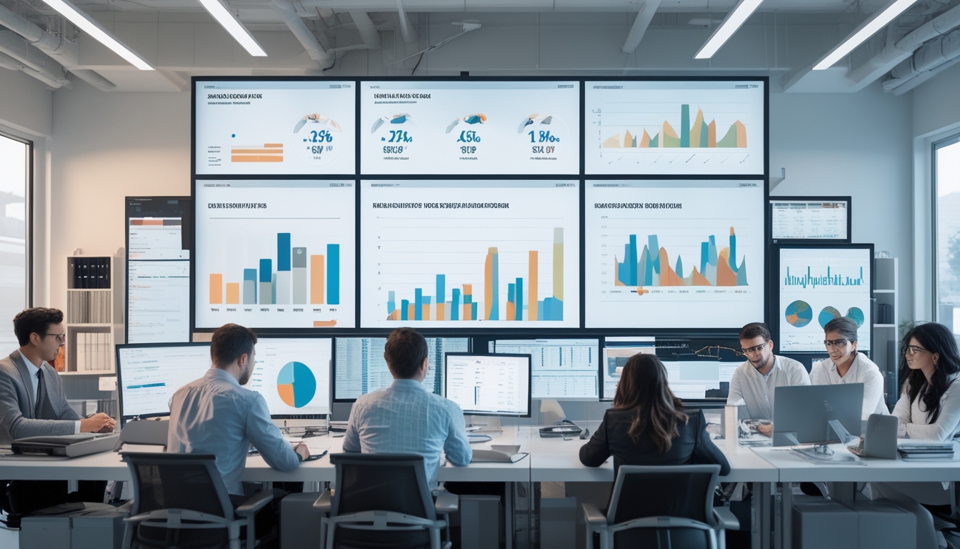 Sekelompok profesional sedang bekerja bersama di kantor modern dengan layar digital besar yang menampilkan grafik dan data statistik.