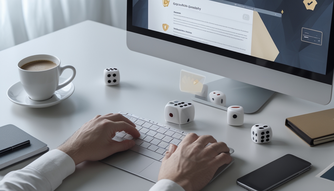 Sebuah layar komputer menampilkan situs permainan dadu online dengan animasi dadu dan simbol keamanan, di atas meja dengan secangkir kopi dan ponsel.