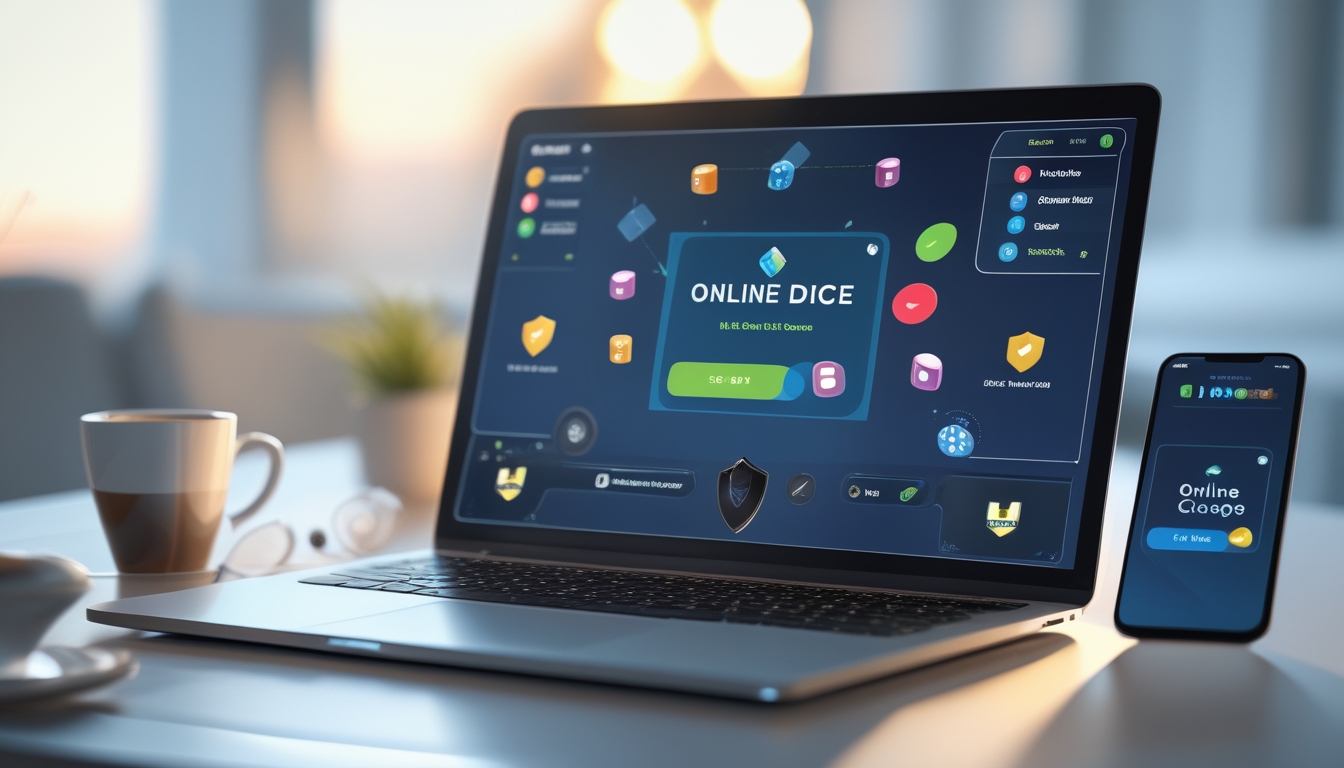 Seorang pengguna duduk di depan laptop dengan tampilan permainan dadu online yang mudah digunakan, di meja terdapat smartphone dan cangkir kopi.