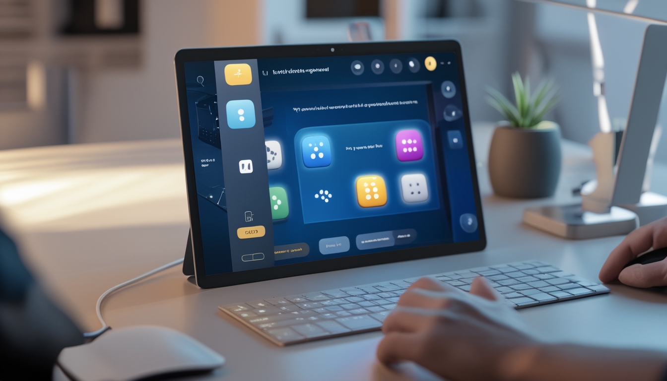 Tampilan layar perangkat digital yang menunjukkan platform permainan dadu online dengan antarmuka yang mudah digunakan, di atas meja kerja minimalis dengan aksesori teknologi.